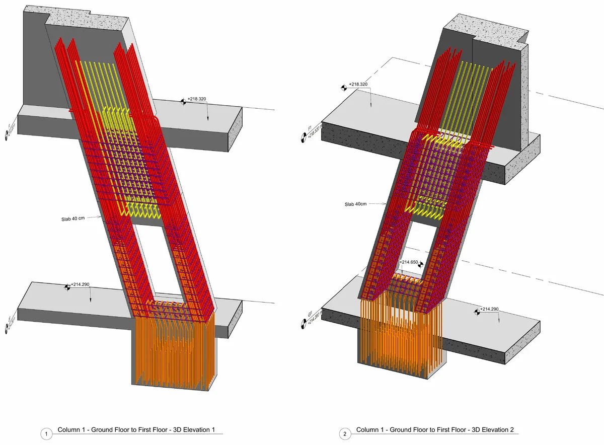 Two 3D views of the reinforcement in inclined Column 1, showing starter bars, main bars and links passing through the slab.