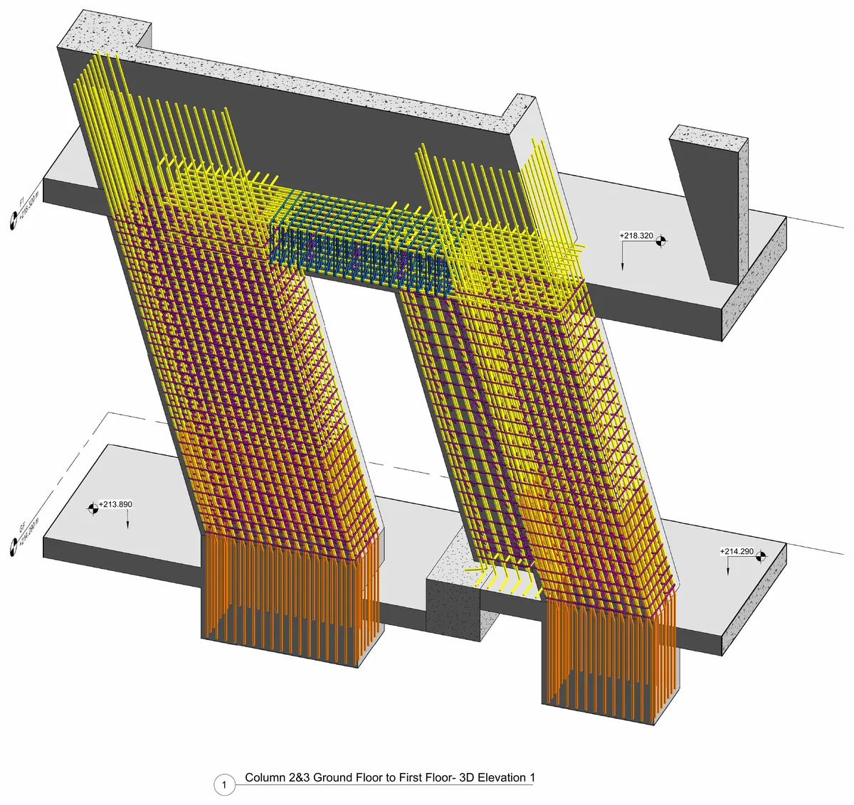 3D reinforcement model of the twin inclined Columns 2 and 3 and the beam spanning between them.