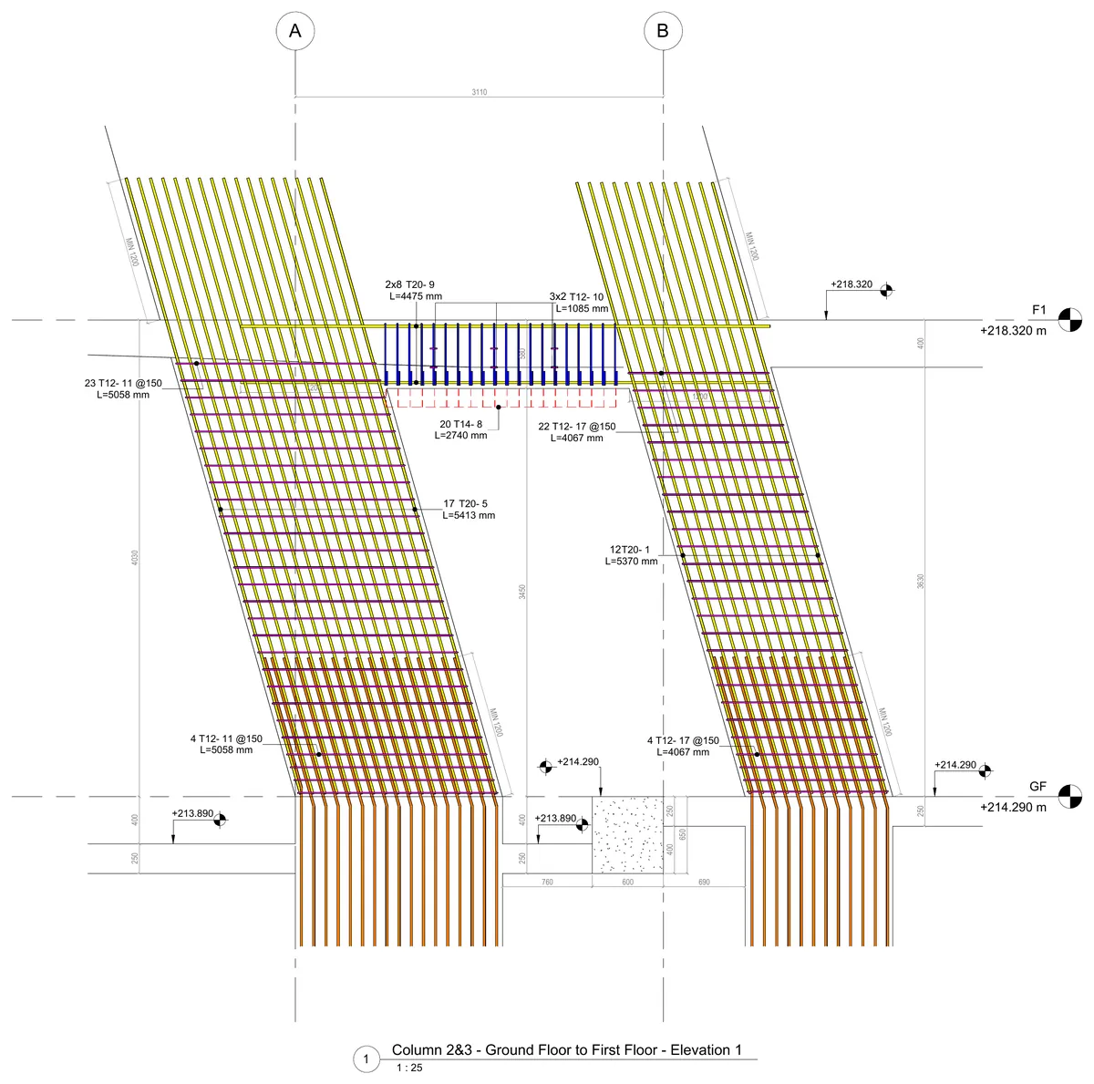 Reinforcement elevation of the inclined Columns 2 and 3 with bar marks, spacings and cut lengths annotated.
