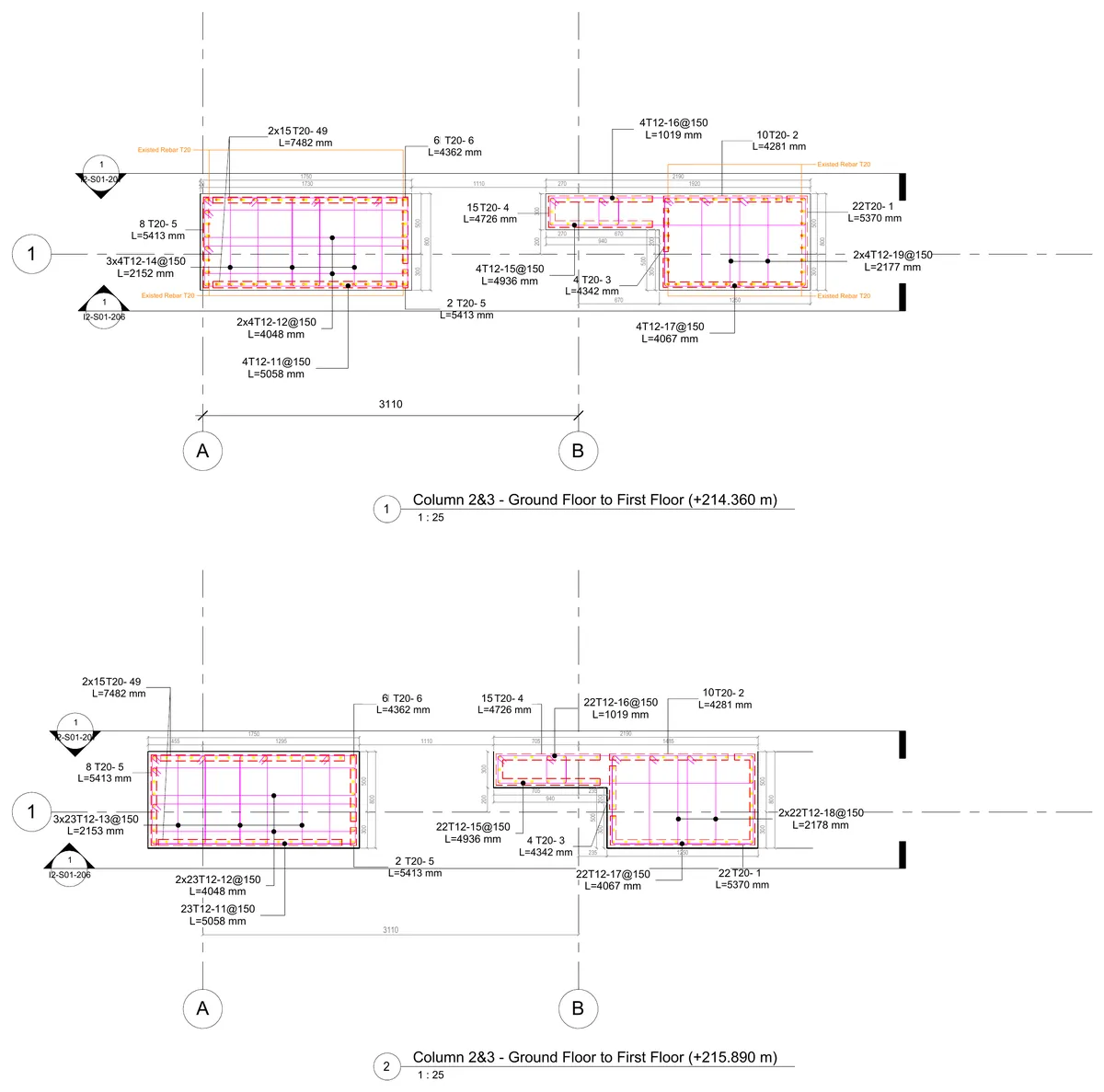 Reinforcement plans of Columns 2 and 3 at two floor levels, with bar marks and dimensions between grids A and B.