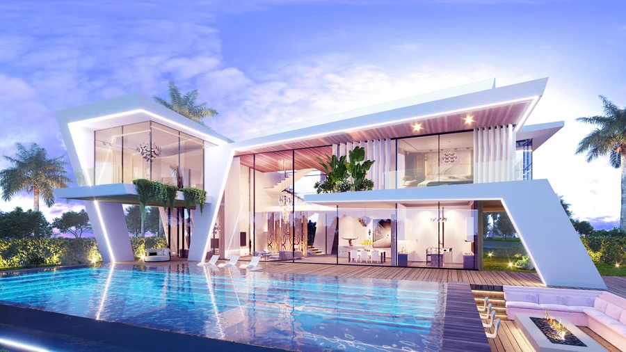 Ohana Villas — a contemporary villa of white, inclined and cantilevered volumes above a reflecting pool.