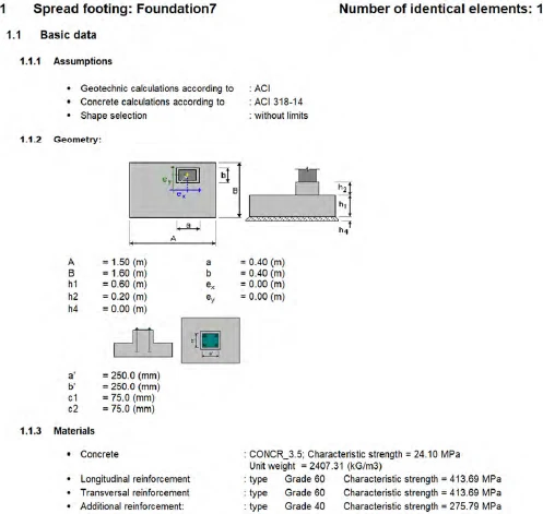 Spread footing design output: pad and pedestal geometry dimensioned, with the concrete strength and reinforcement grades listed below.