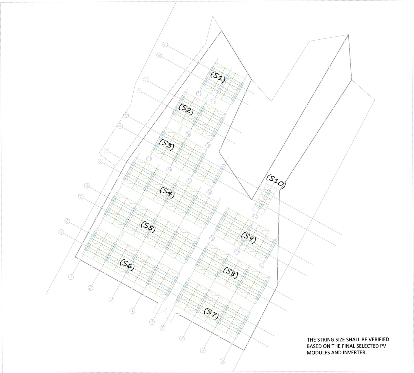 Site plan of the photovoltaic array: ten panel strings labelled S1 to S10 set out on a lettered and numbered grid across the plot.